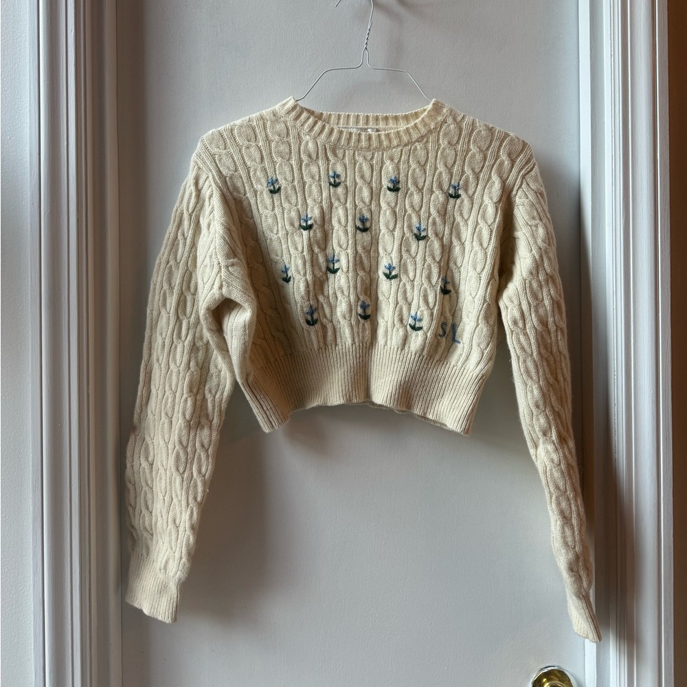 Sandy Liang Floral Embroidered Cable Knit Crop Half Sweater in Panna Cotta, S - Picture 3 of 9